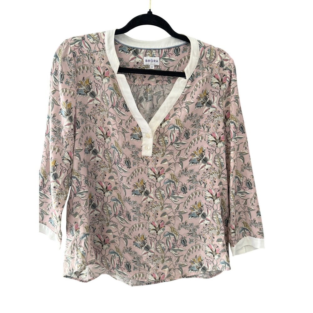 Brora Silk Floral Blouse Pink Botanical V-Neck 3/4 Sleeve Top Size 16 100%‎ Silk